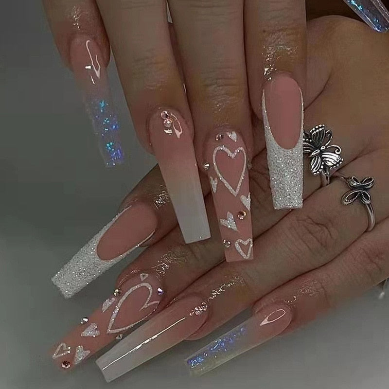 3D strobe fake nails set diamond glitter heart nude pink french long coffin tips faux ongles press on false nail supplies kit