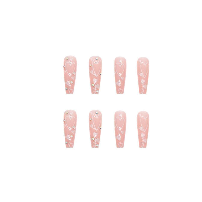 3D strobe fake nails set diamond glitter heart nude pink french long coffin tips faux ongles press on false nail supplies kit