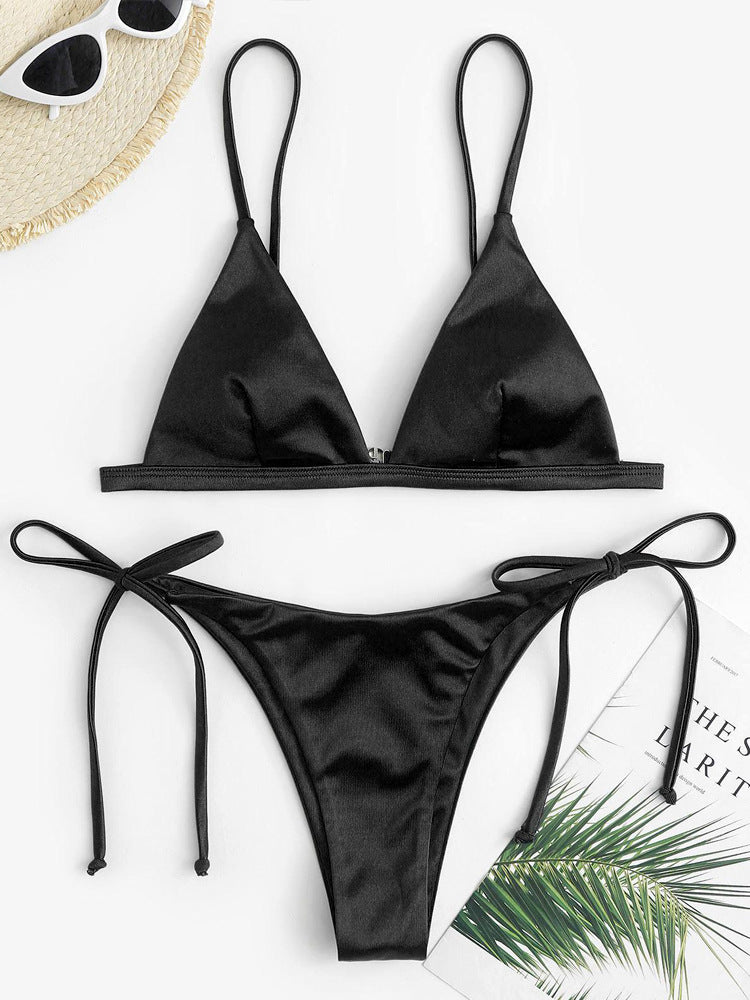 Three-point Bikini With Hanging Neck Solid And Simple Color Black