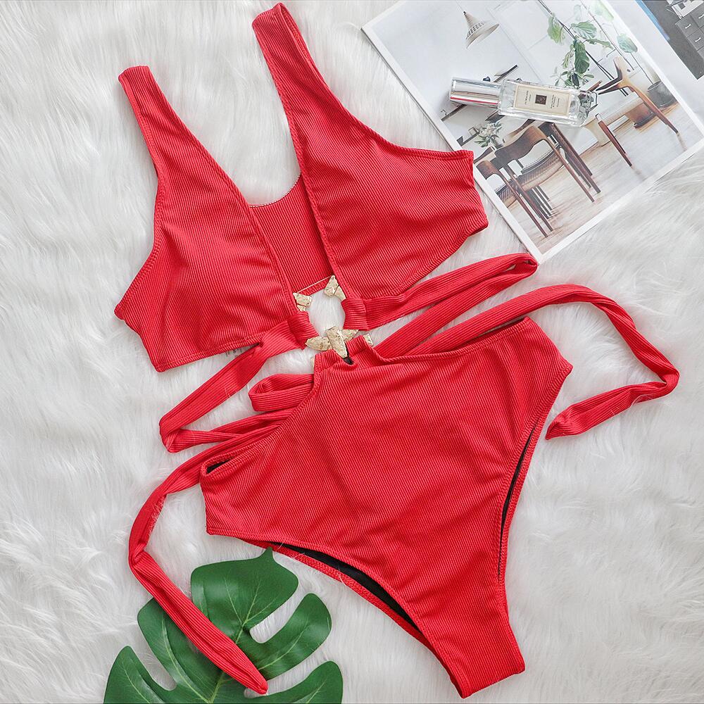 4 Colors New Sexy One Piece Swimsuit Swimwear - Deep V-neck Hollow High Waist One-piece Bathing Suit Beachwear Metal Hoop Red