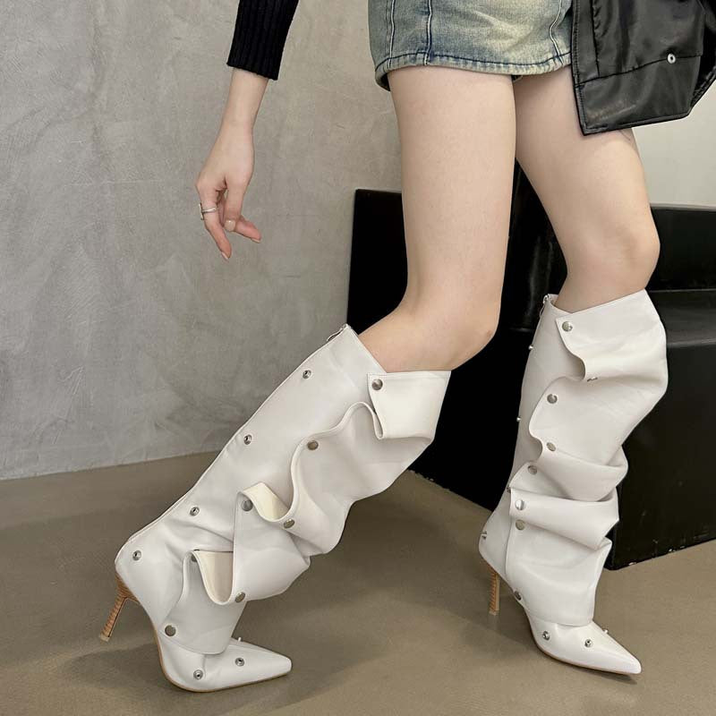 Rivet Buckle Stitching Two-way Stiletto Heel Denim Pleated Pile Style Boots White