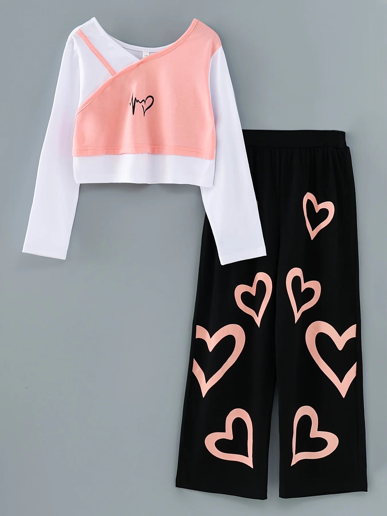 5-14 Years Old Spring And Autumn Girls, Big Boy Heart Type Pulsating Fake Vest Long Sleeves Love Print Black Trouser Set ZSD148A