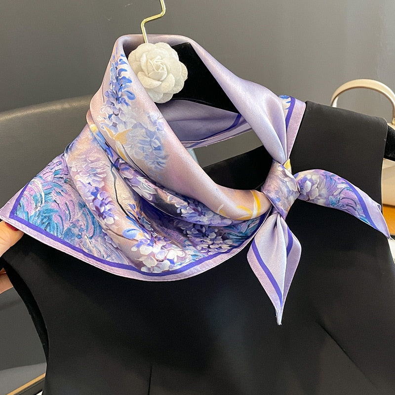 53cm Real Silk Nature Scarf Women Neckerchief Foulard Bandana Small Hairbands Fashion Floral Neck Ties for Office Lady 2024 New ZS-284 53x53cm
