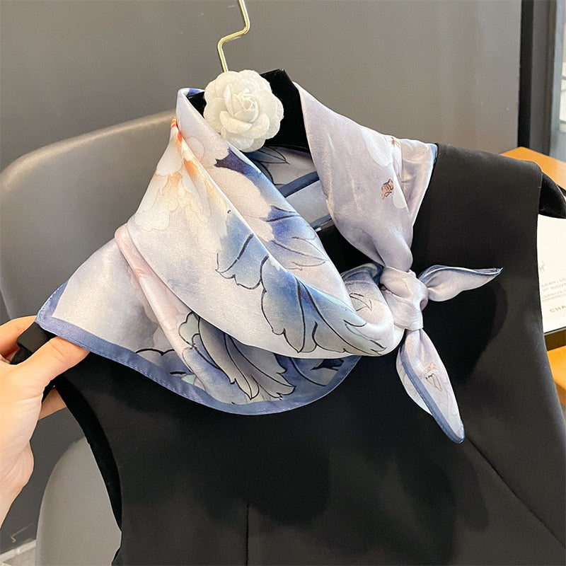 53cm Real Silk Nature Scarf Women Neckerchief Foulard Bandana Small Hairbands Fashion Floral Neck Ties for Office Lady 2024 New ZS-280-1 53x53cm