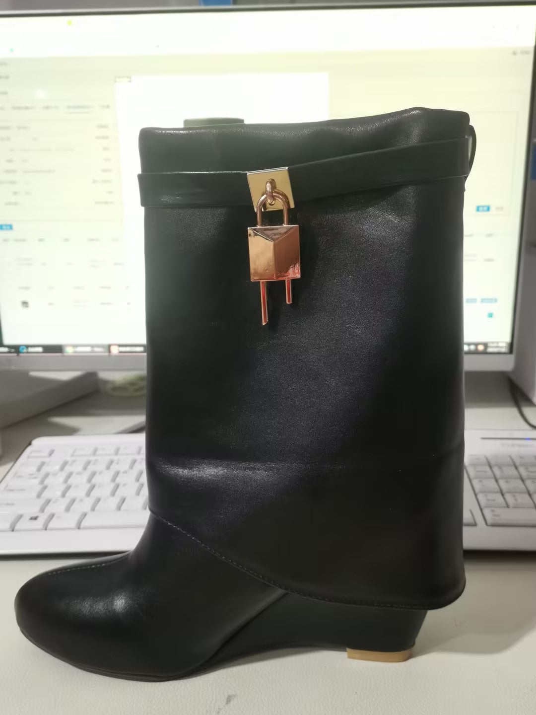 Retro Large Tube Pointed High Heel Metal Lock Wedge Pants Boots Short Black