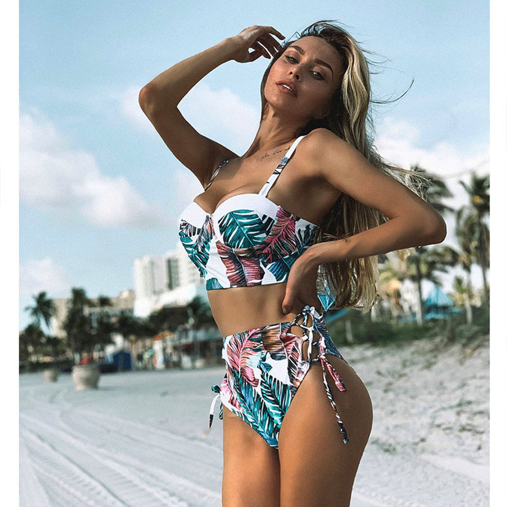 Printed sexy high waist split swimsuit