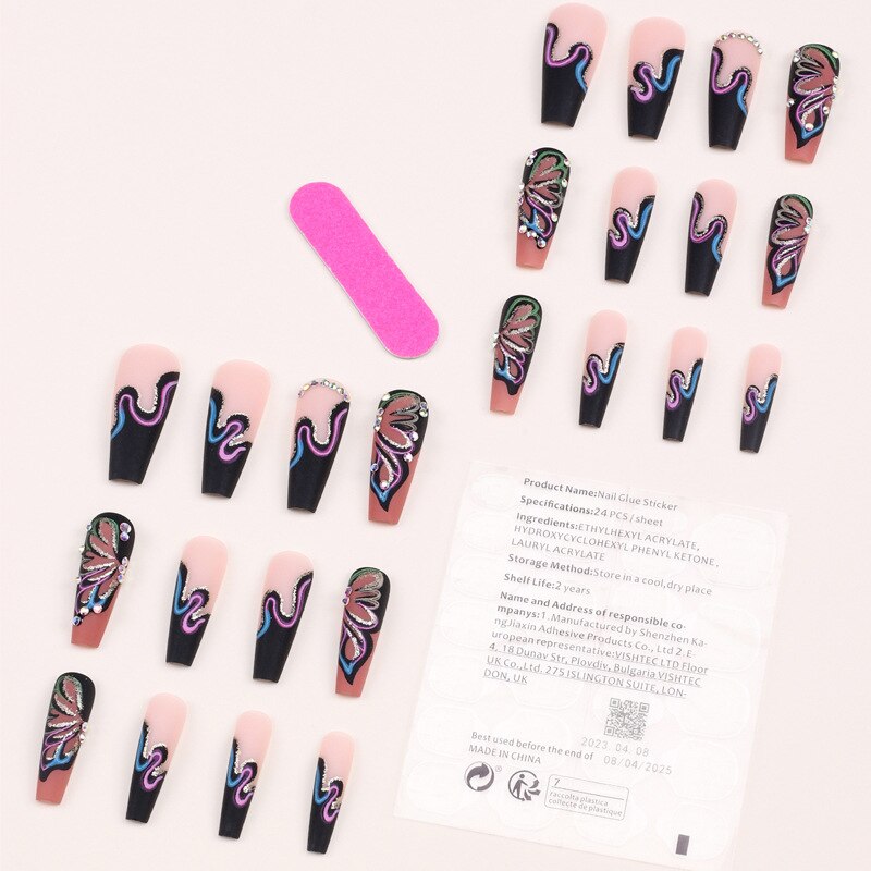 5D Spicy Girls fake nails set Beautiful butterfly with diamond designs long french coffin tips faux ongles press on false nail