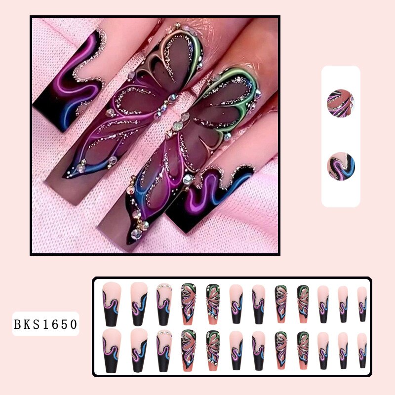 5D Spicy Girls fake nails set Beautiful butterfly with diamond designs long french coffin tips faux ongles press on false nail Default Title