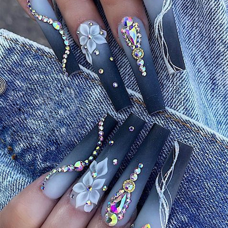 5D long fake nails set Gradual Camellia with glitter diamond designs french coffin ballet tips faux ongles press on false nail