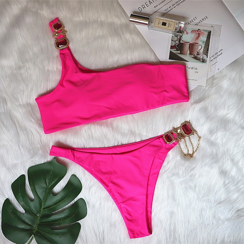 6 Colors Sexy Bikini Luxe Crystal Diamond Chain Solid Swimwear - Swimsuit Female Single Shoulder Bikinis Set Bathing Suit Rose Red
