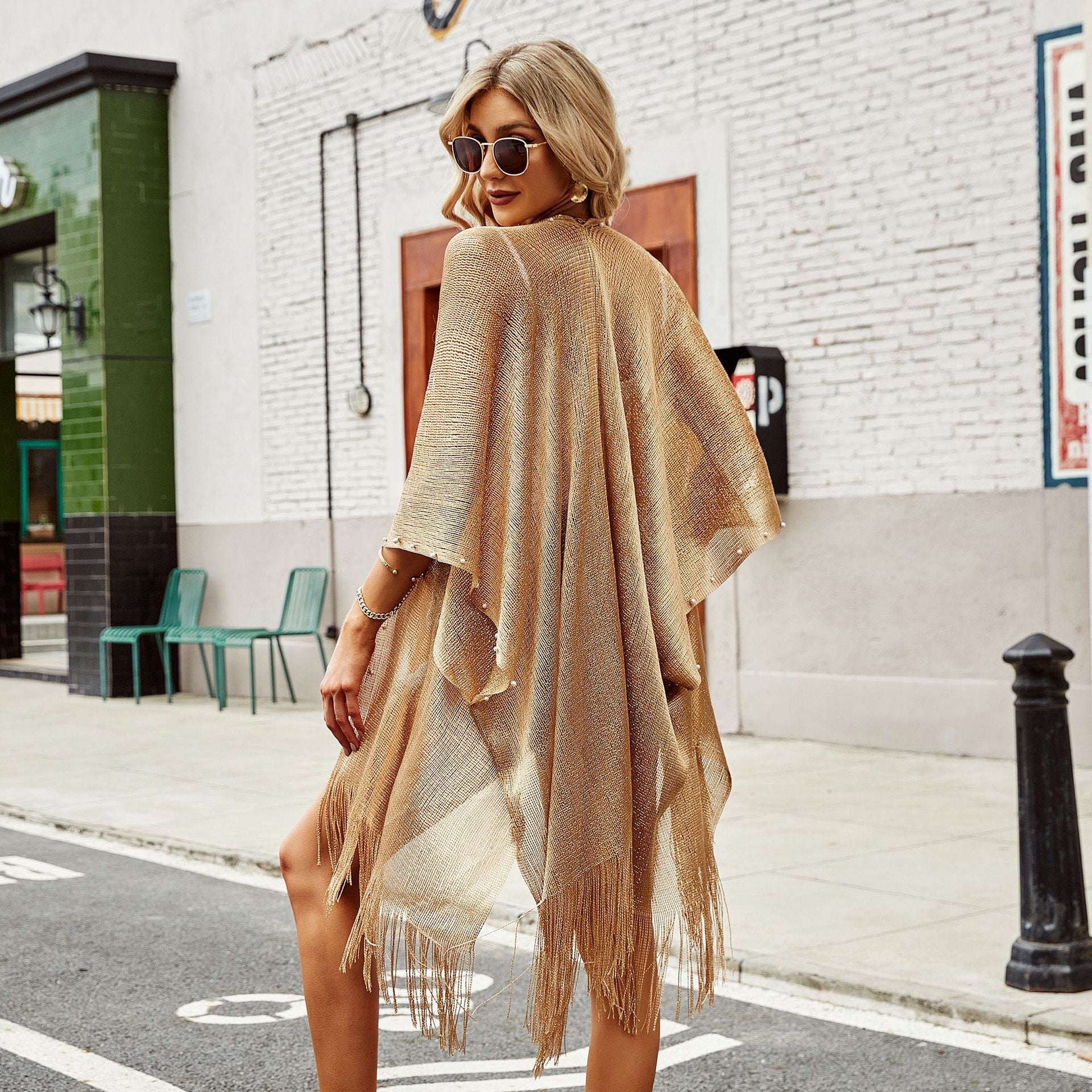 6 Colors Swimsuit Bikini Cover Up Solid Cardigan Tassel Pearls Decor Shawl Cape Cover Ups for Swimwear Women Pareo Plage