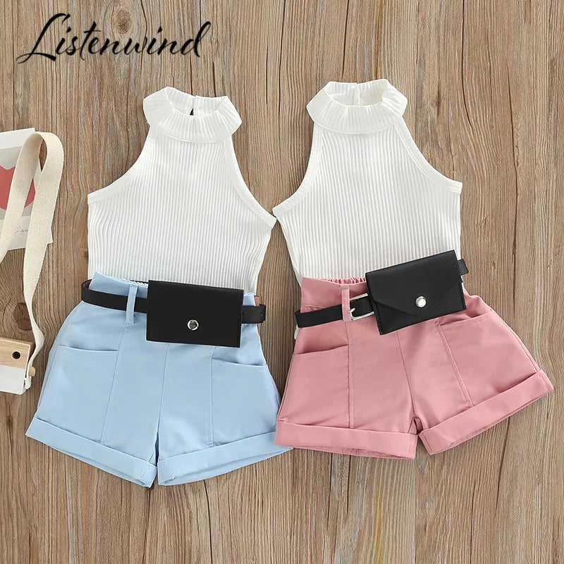 6m-4Y Kid Baby Girls Clothes Sets Toddler Infant Outfits Knit Sleeveless Tops Shorts Waist Pack Summer Clothing