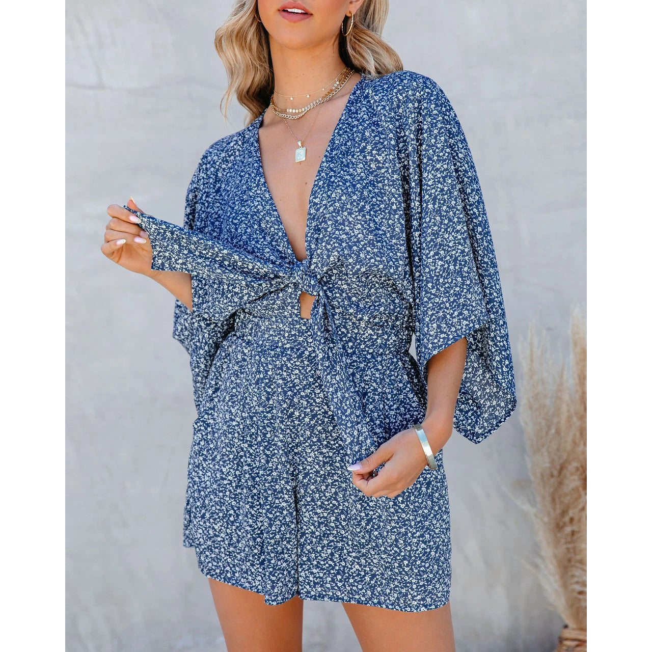 Sexy V-Neck Wide Loose Jumpsuit For Women At Home And Holiday Style Jumpsuit Blue