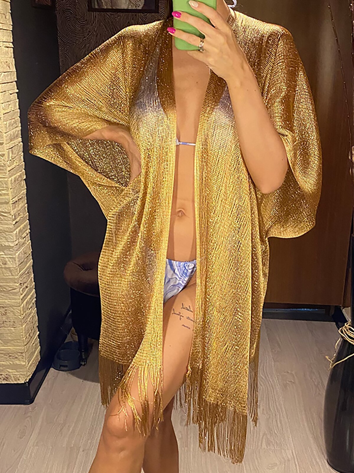 8 Colors Bikini Cover Up Tassel Beach Dress Tunics Swimsuit Bathing Suit Women Shining Cover Ups for Swimwear Gold One Size