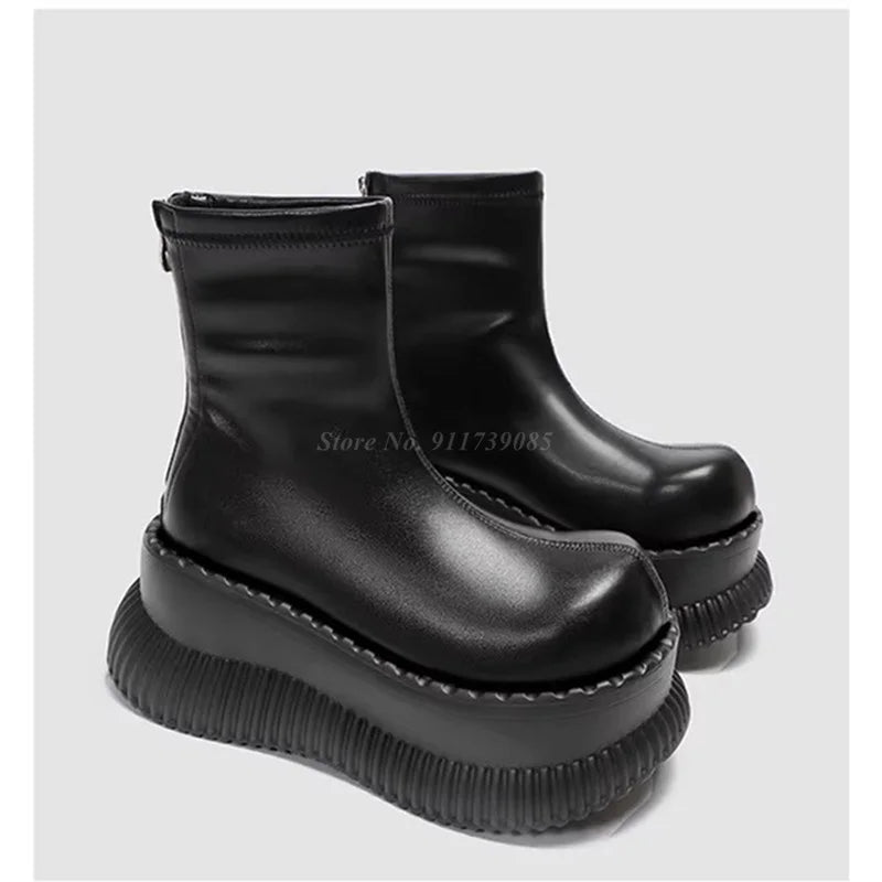 8cm Thick Soled Ankle Boots for Women Big Toe Black Leather Elastic Thin Sock Boots Street Fashion High Top Short Boots as pic