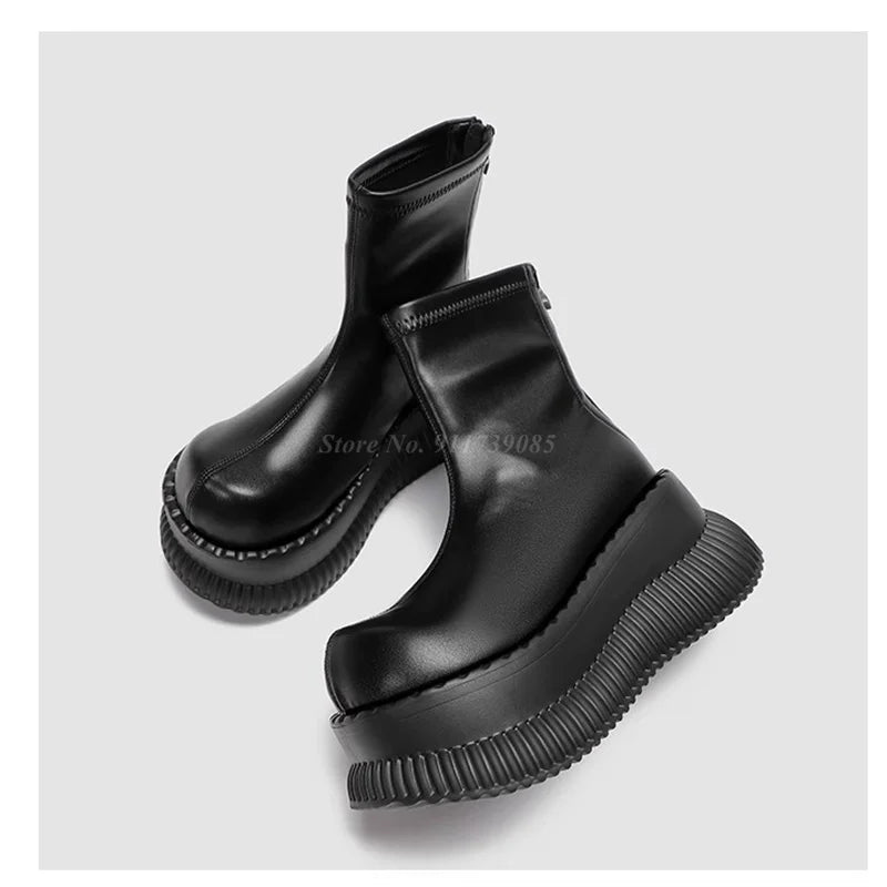 8cm Thick Soled Ankle Boots for Women Big Toe Black Leather Elastic Thin Sock Boots Street Fashion High Top Short Boots
