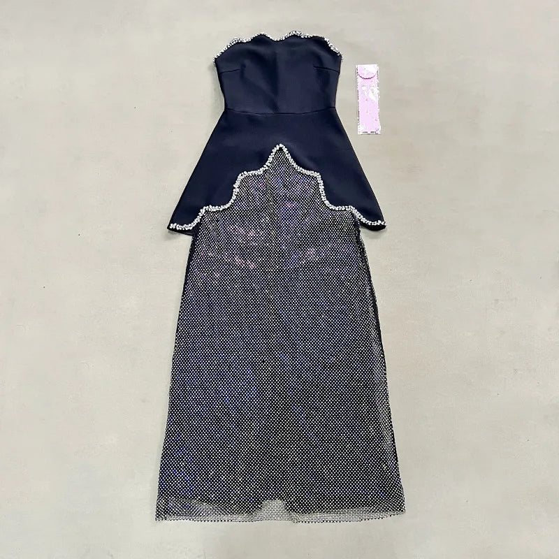 High street new black design sleeveless tube top short top + hot diamond skirt suit evening dress