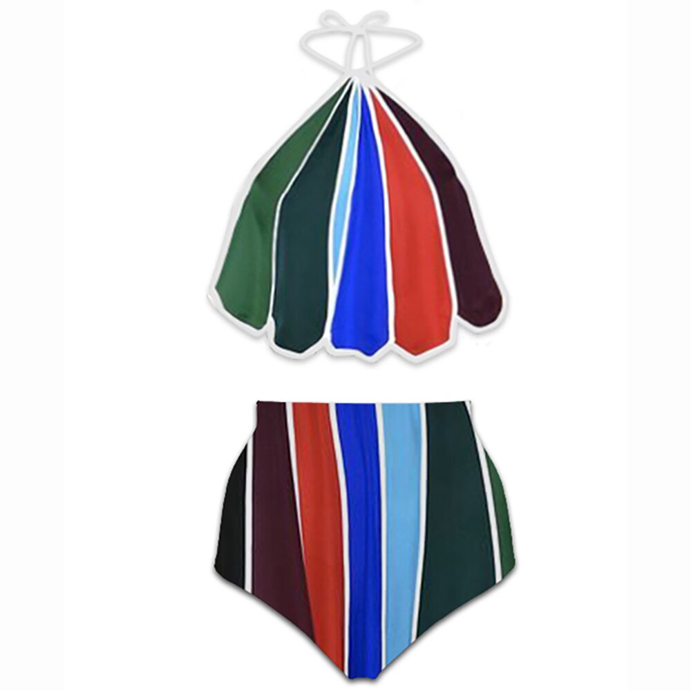Vintage Fashion Colorblock Print Bikinis Two Piece Swimsuits Summer Dress Halter Beachwear High Waist Swimwear Lace Up Surf Wear