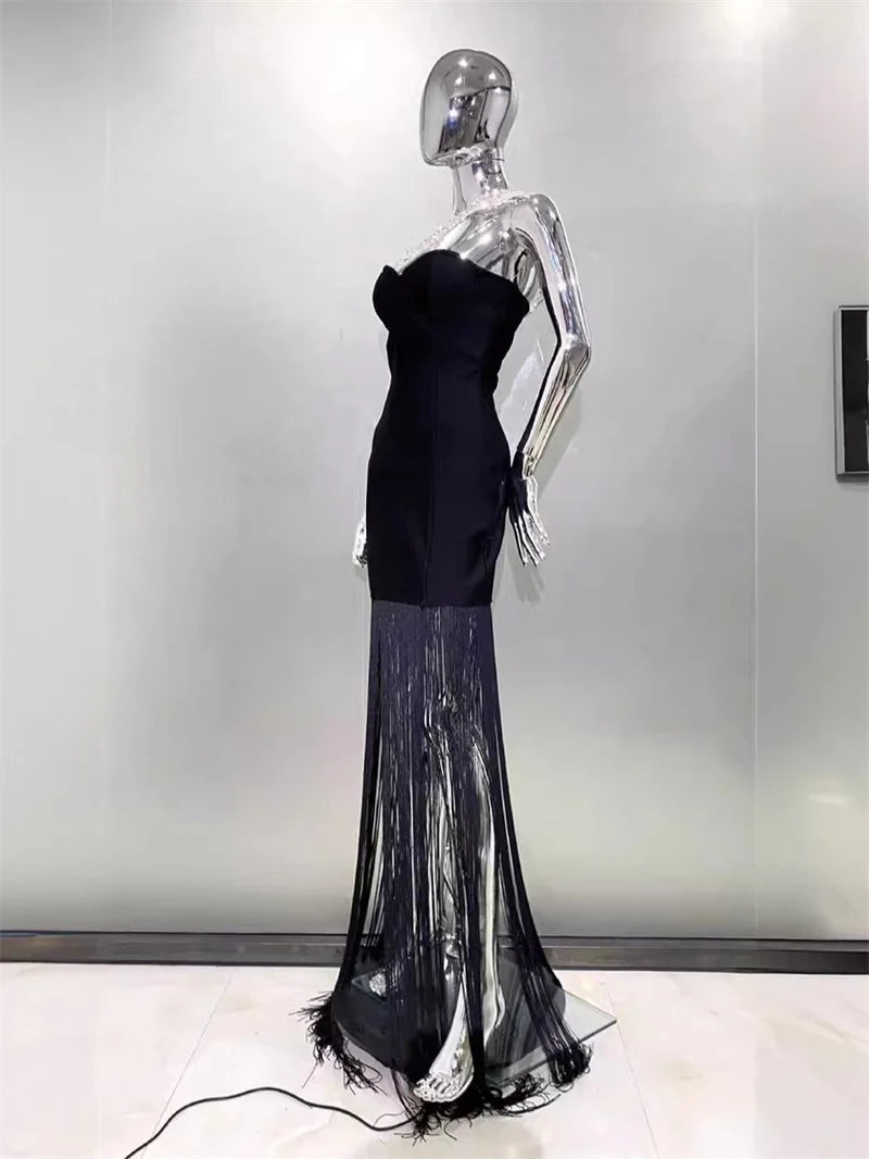 2024 Summer Women New Black Sexy One Shoulder Diamond Sleeveless Bodycon Bandage Dress Elegant Fashion Tassel Long Dress
