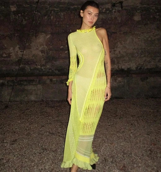 Women Sexy Y2k One Shoulder Long Sleeve Crochet Knit Long Dress Summer Beach See Through Party Grunge Club Cover Up Outfits Yellow One Size