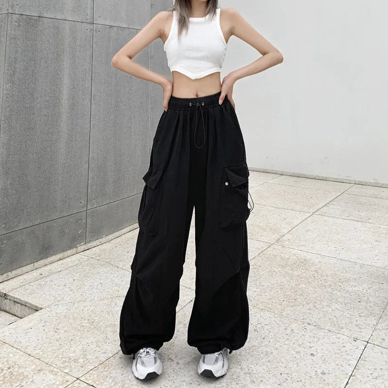 Women Casual Joggers Tech Pants Solid Low Waist Pants Drawstring Wide Leg Baggy Trousers Y2k Streetwear Oversize Sweatpants BK