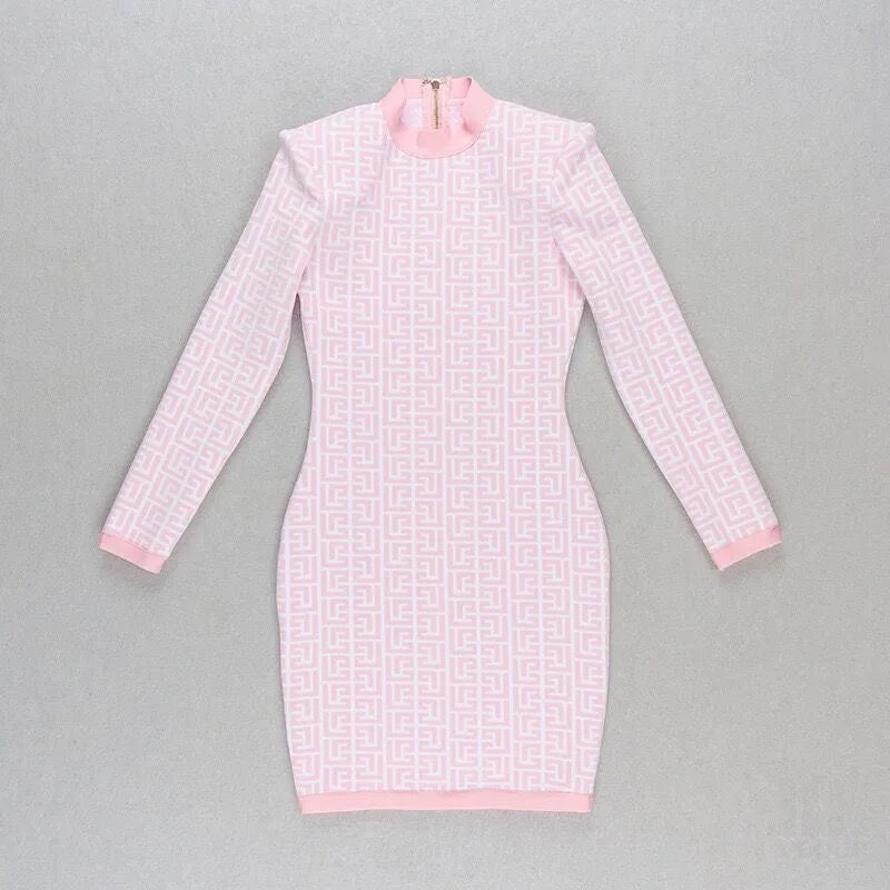 Black Full Sleeve Jacquard Mini Bandage Dress 2021 Celebrity Designer Fashion Evening Party Dress Pink 170