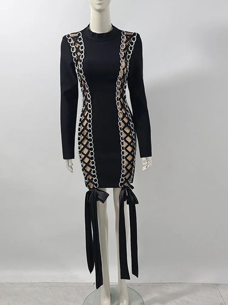 New Women Celebrity Sexy Long Sleeve Lace Up Black Mini Bodycon Bandage Dress 2025 Elegant Evening Club Party Outfit