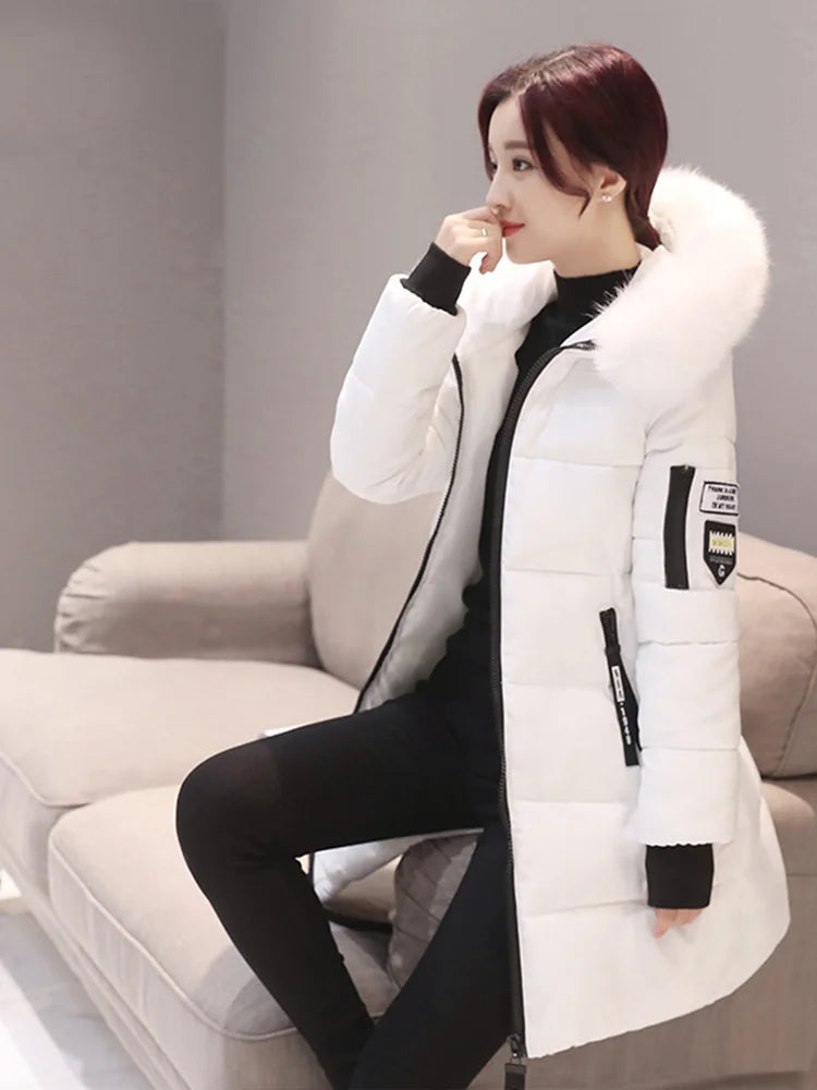 Women Winter Fur Collar Hooded Parka Fashion Letter Patch Zipper Pockets Design Long Jacket Elegant Slim Warm Thick Female Coats White