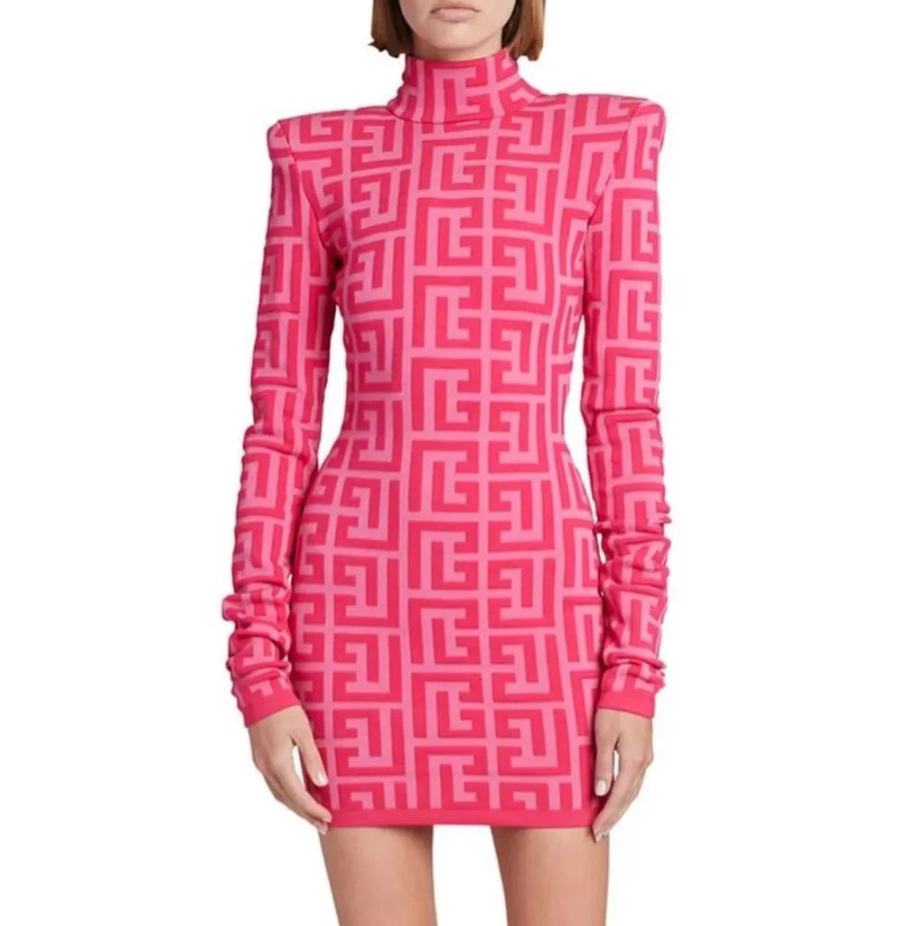 Black Full Sleeve Jacquard Mini Bandage Dress 2021 Celebrity Designer Fashion Evening Party Dress Rose Red 170