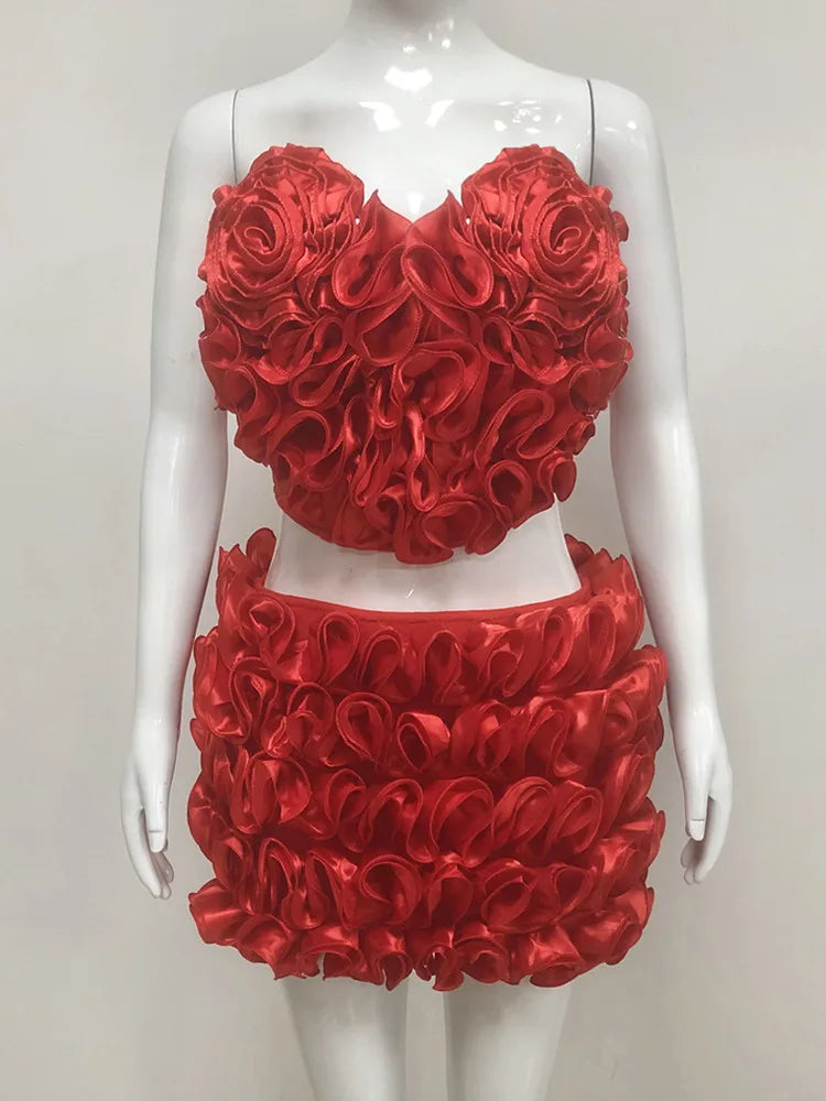 Women Summer Sexy Strapless Zipper Red Flower Mini Two Pieces Skirt Bandage Set 2025 Celebrity Designer Fashion Women's Set