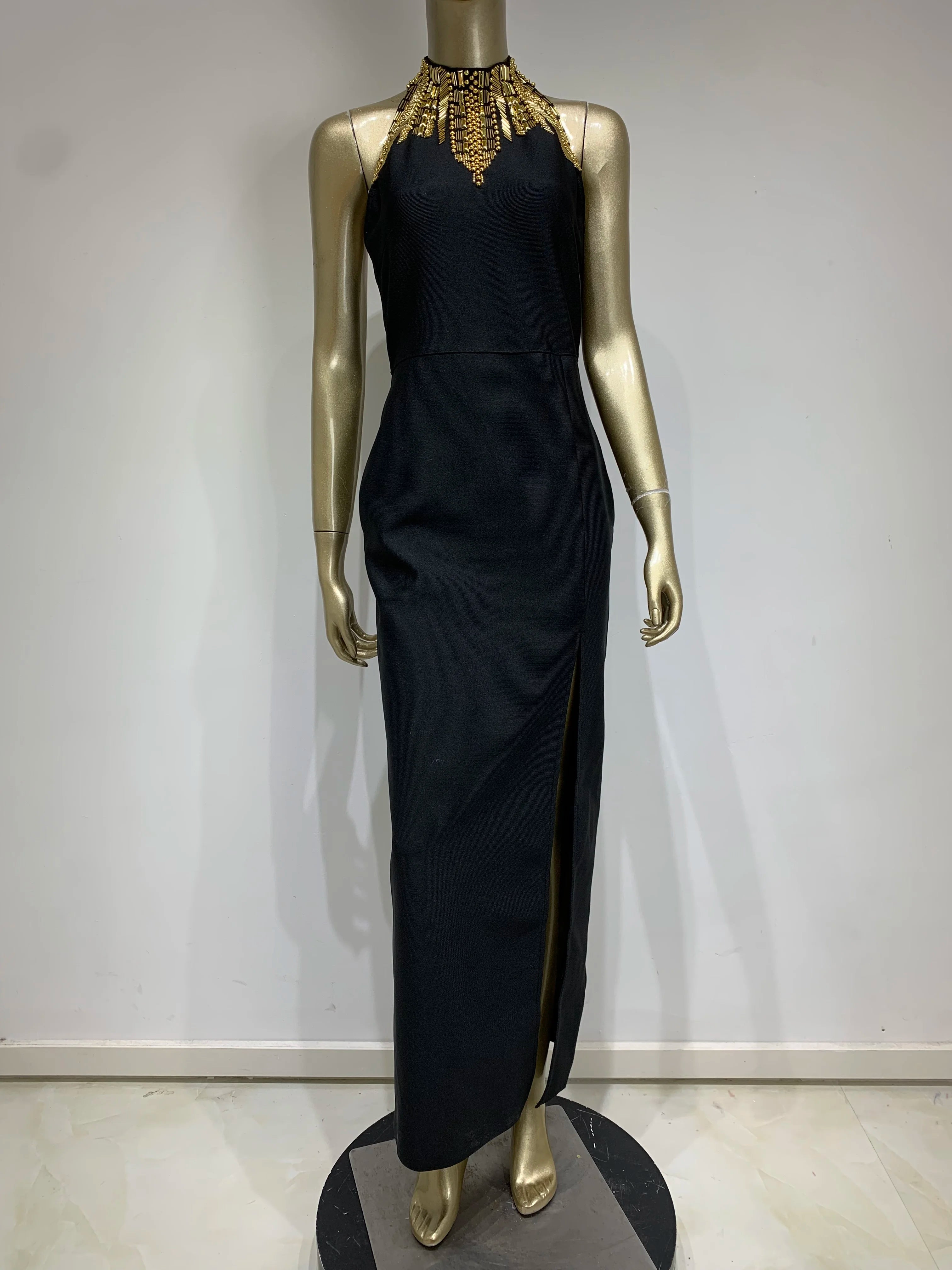 Women Celebrity Sexy Turtleneck Beading Patchwork Black Maxi Long Bodycon Bandage Dress 2025 Elegant Evening Club Party Outfit