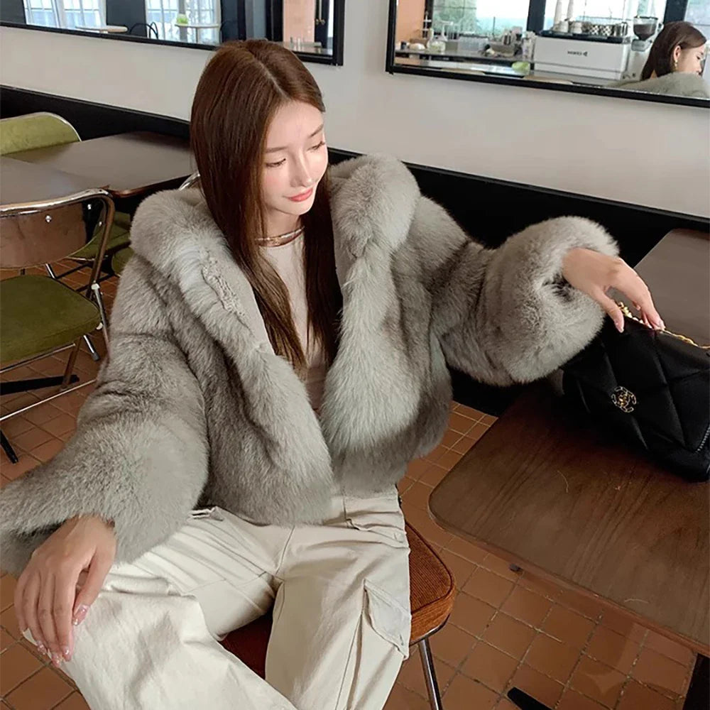 Faux fur coat for Women Luxury fur coat faux fur jackets for women faux fur Hooded coat Vintage fur coat GRAY