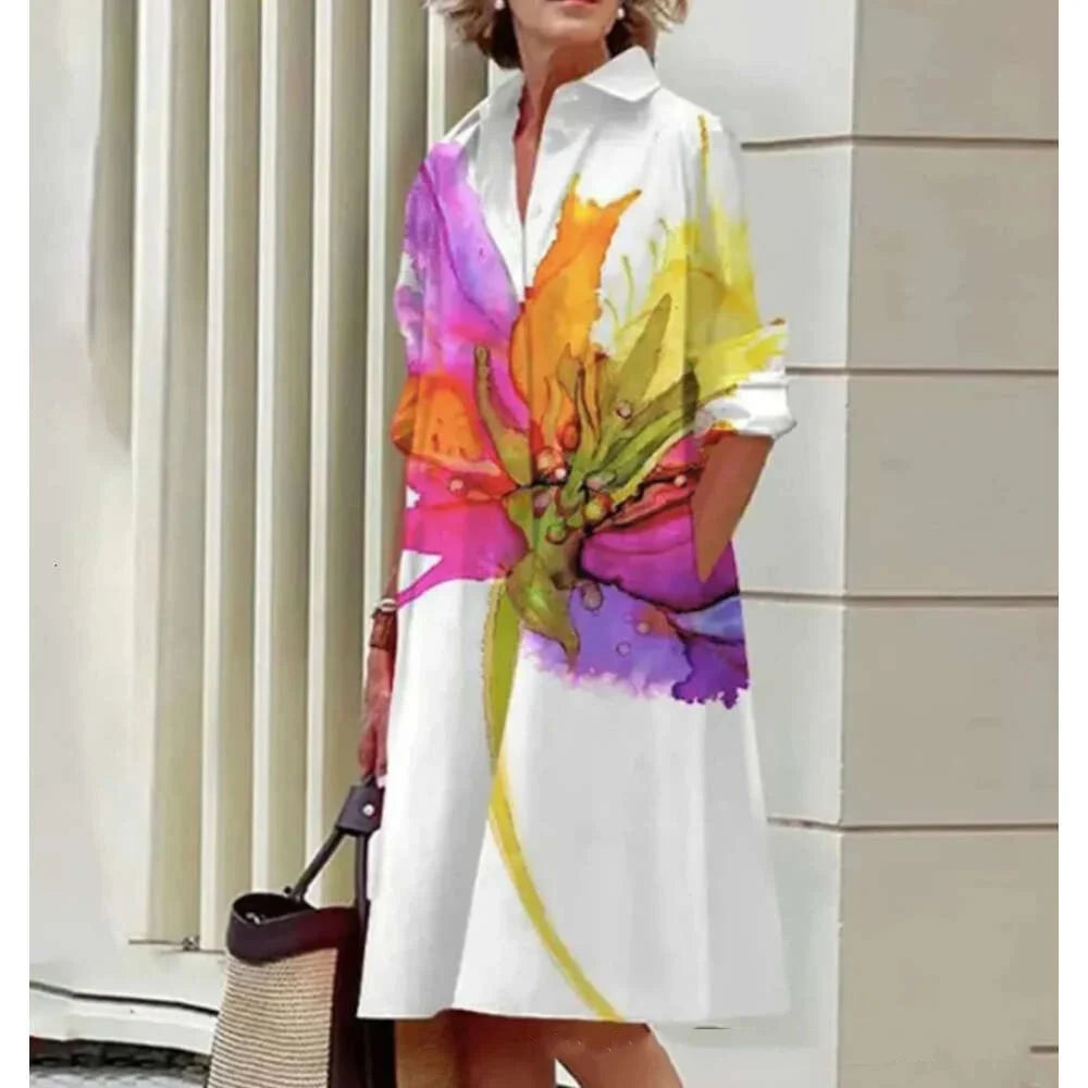 Women's Elegant Shirt Dresses Fall Fashion Floral Long Sleeve Loose A-Line Dresses Women's Office Ladies Red Green Lapel Gowns A9SZXG248291331