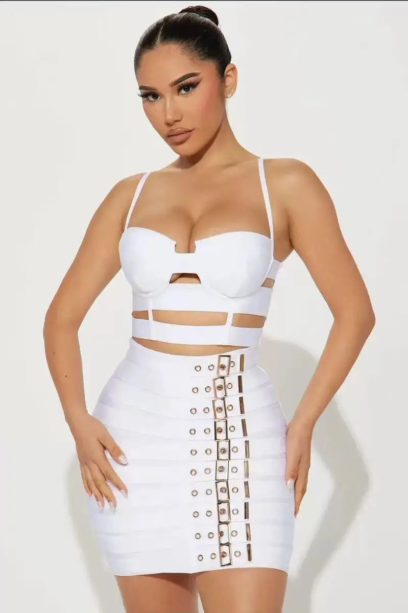 2025 Summer women's new white sexy camisole top+belt buckle mini skirt fashionable 2 piece bandage set WHITE