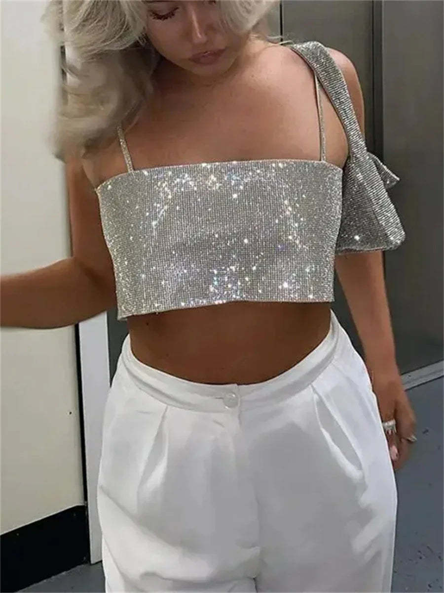 wsevypo Chic Glitters Spaghetti Strap Camisole Shiny Bandeau Tube Tops Fashion Women Sling Crop Tops Party Club Street Tops