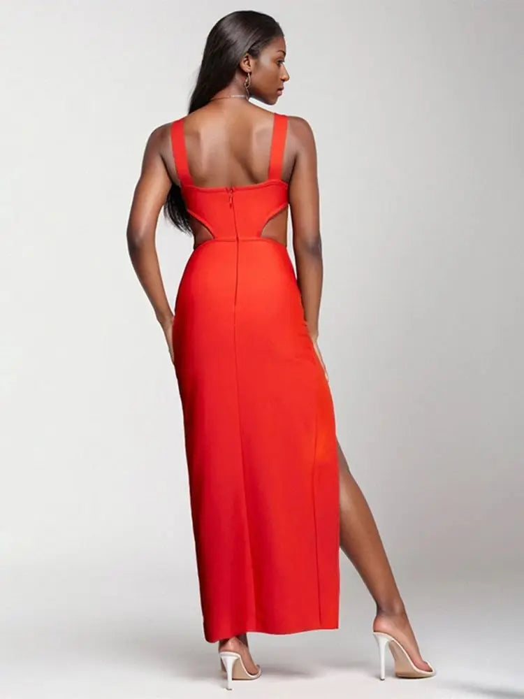 Ailigou New Summer Women's Red Sexy Sleeveless Open Back Hollow High Split Bandage Dress Elegant Celebrity Party Dress