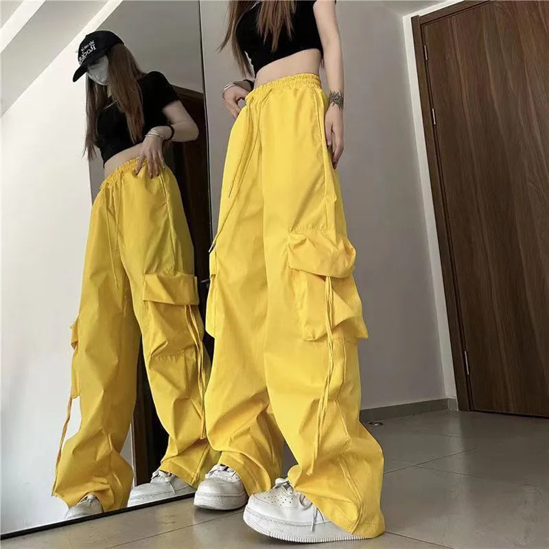 Women Y2K Cargo Pants High Waist Streetwear Hip Hop Trousers Female Big Pockets Casual Low Waist Drawstring Baggy Sweatpants Yellow