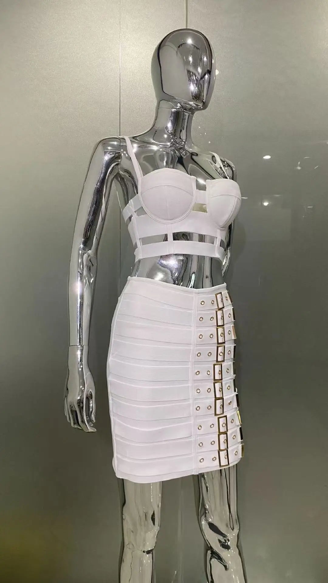 2025 Summer women's new white sexy camisole top+belt buckle mini skirt fashionable 2 piece bandage set
