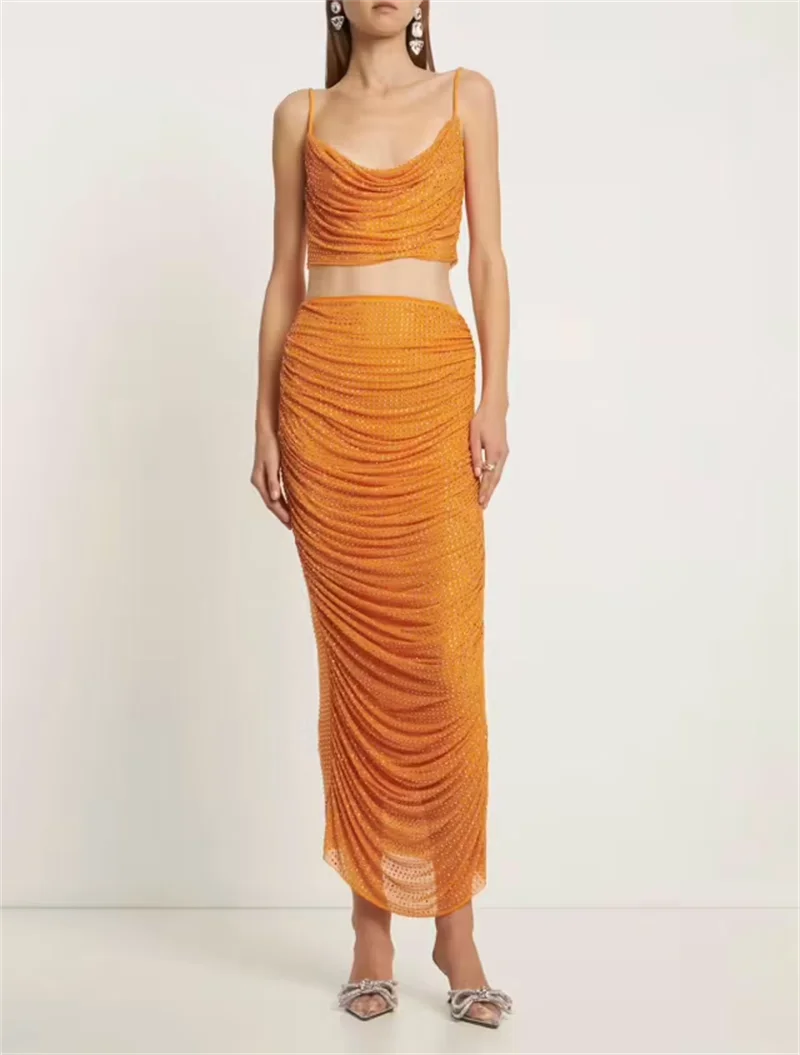 High Street Summer Orange Sexy Spaghetti Straps Short Top +High Waist Pencil Skirt 2 Piece Set Vintage