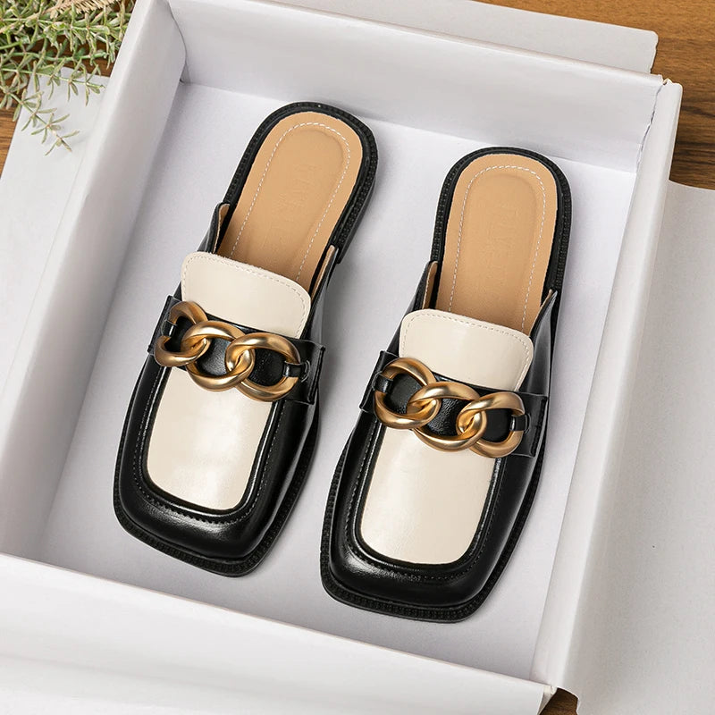 2023 spring and autumn women wear flat slippers british style party and work wear metal chain design Ladies Casual Mules 41-43 black