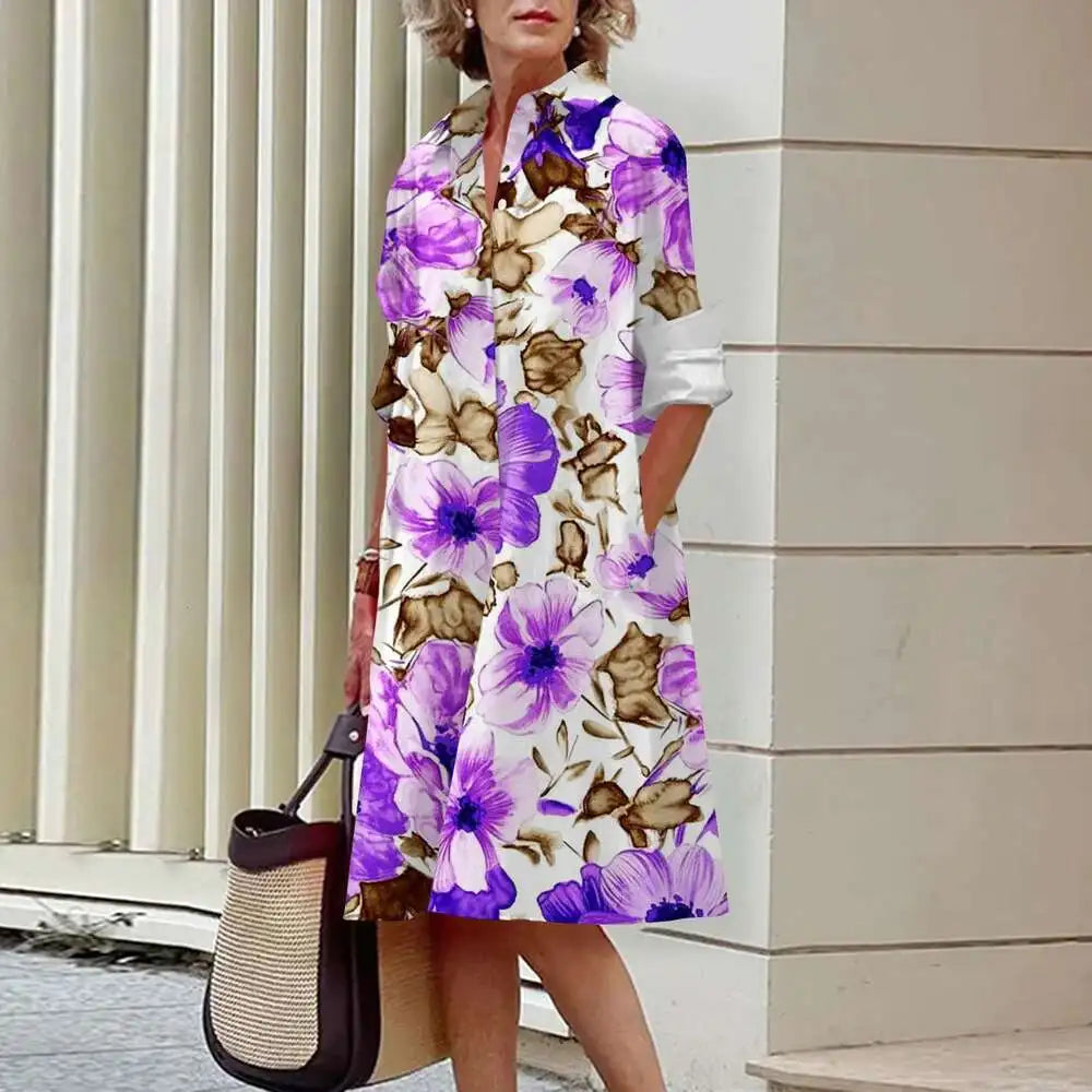 Women's Elegant Shirt Dresses Fall Fashion Floral Long Sleeve Loose A-Line Dresses Women's Office Ladies Red Green Lapel Gowns A9SZXG2482913313