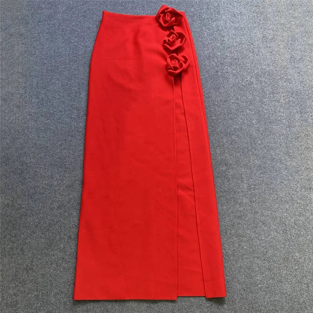 2024 summer new women's clothing red three-dimensional flower high slit bandage long skirt half skirt elegant fashion party wear Red