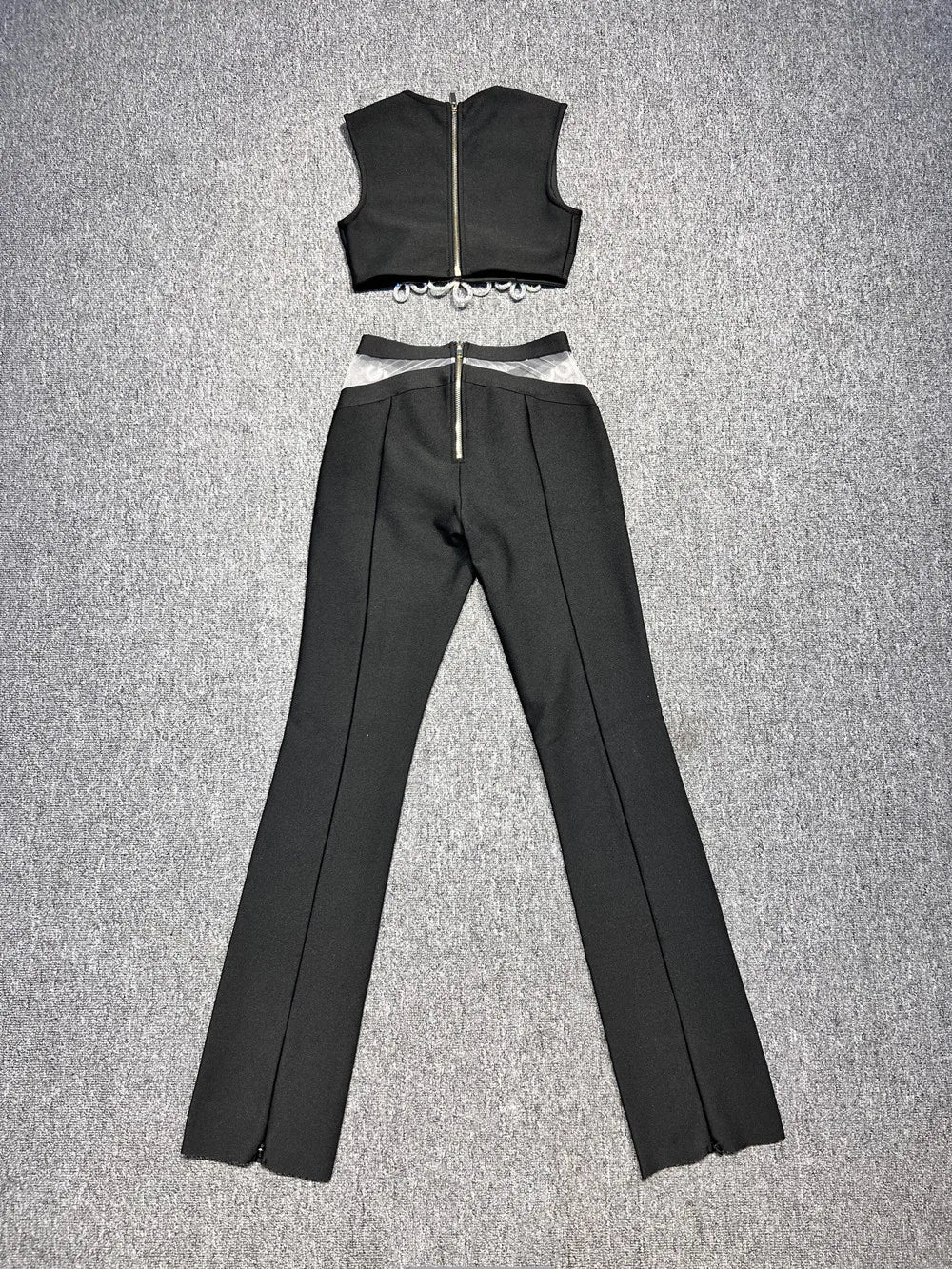 2024 Summer Women's Spicy Girl Set Black Sleeveless Tank Top Flower Low Waist Elastic Tight Pants Fashionable Heavy Industry Two