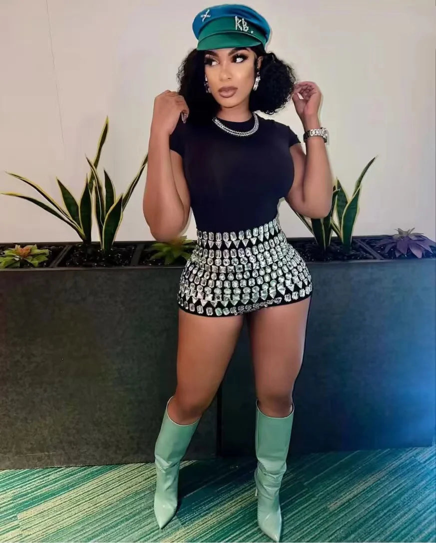 2024 New Women Fashionable Handmade Diamond Embedding Tight Bandage Shorts, Sexy and Fashionable Party Wear Vintage