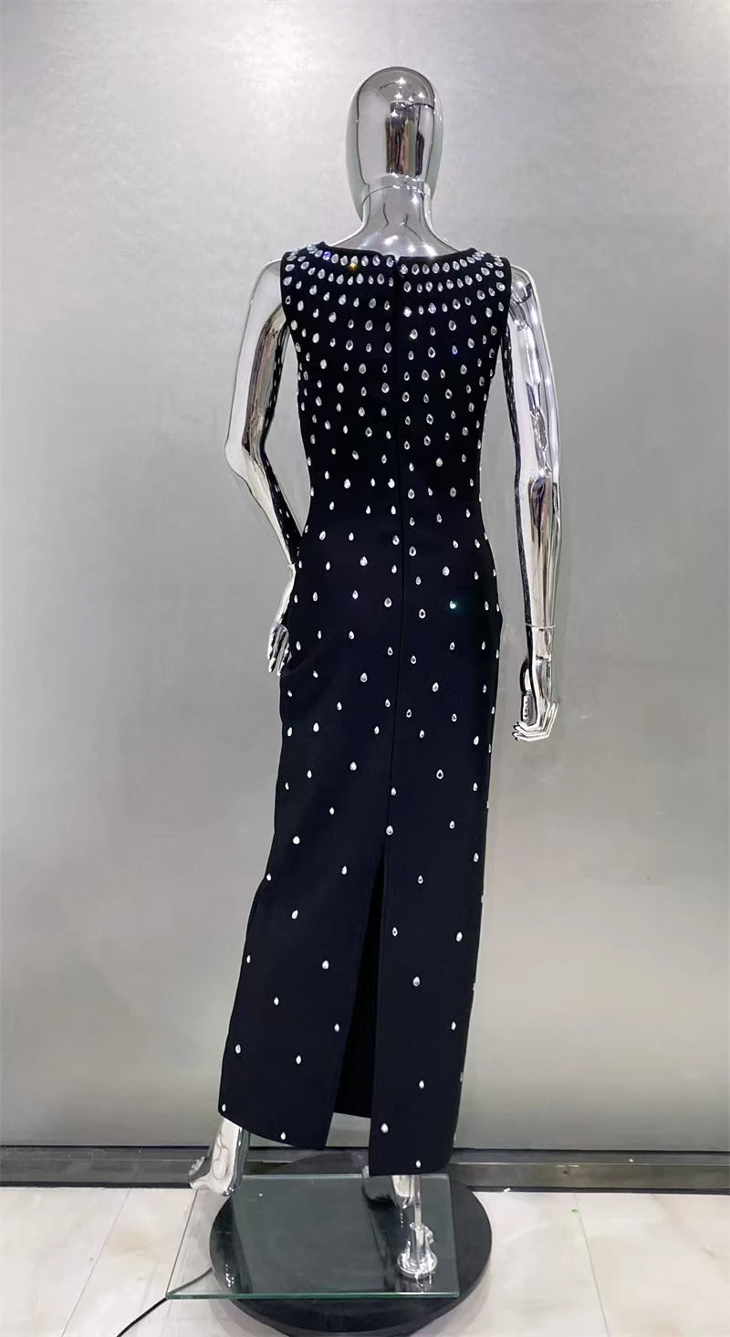 High quality summer women's new blue sexy suspender with hot stamping and sparkling long bandage dress elegant fashion party