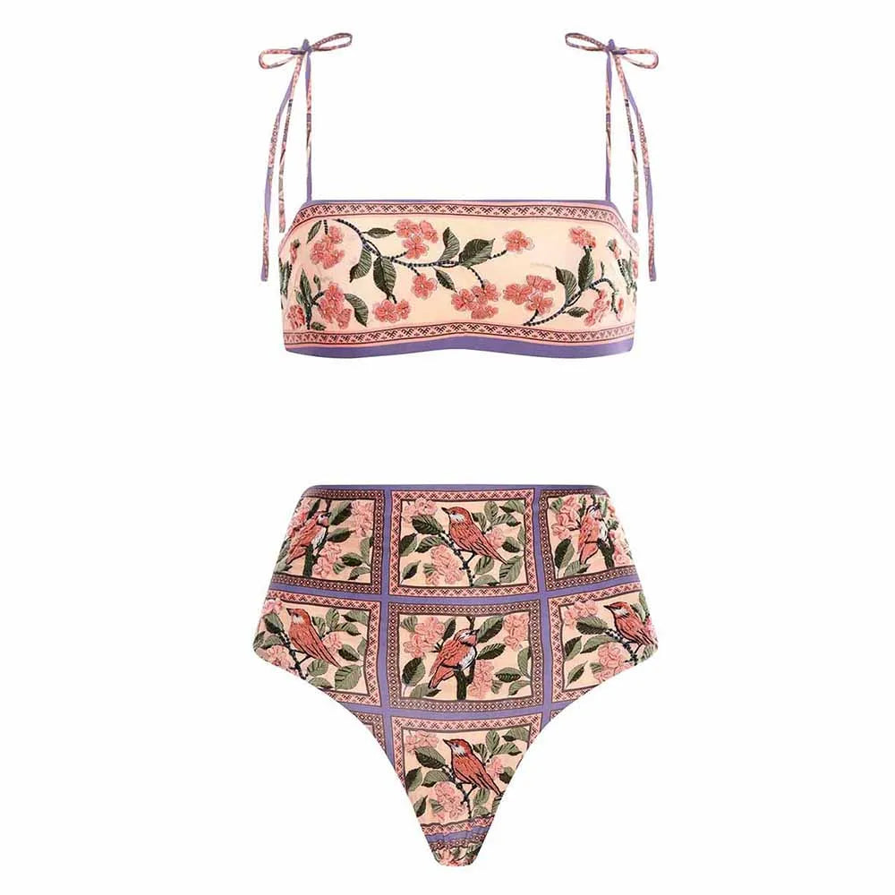 Purple Floral Swimsuit Three Piece Vintage String Lace Up Bikini High Waist Backless Women's Fashion Plus Size Sexy Color swimsuit