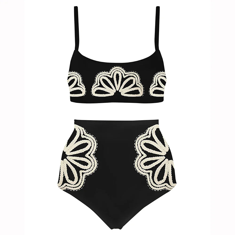 Bathing Suit Women Black Simple Print Fashion Swimsuit Sexy Printed Bikini High Waist Swimwear Two-piece and Skirt Beach Outfits