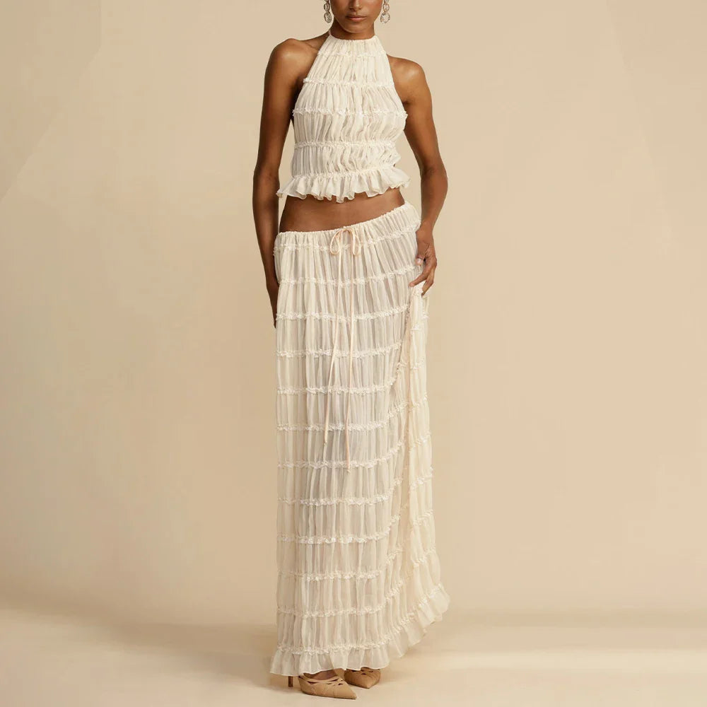 Women’s Summer Vacation Beach Cover-ups Dress Sets Sleeveless Ruched Halter Neck Long Skirt Suit Top Lace Up Fold Maxi Skirts white set