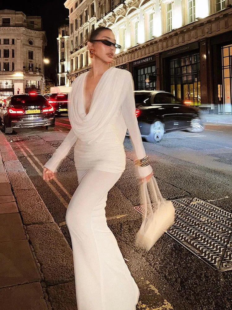 Women Celebrity Sexy Long Sleeve Deep V Neck Ruched White Maxi Long Gowns Dress 2025 Elegant Evening Party Club Vestido
