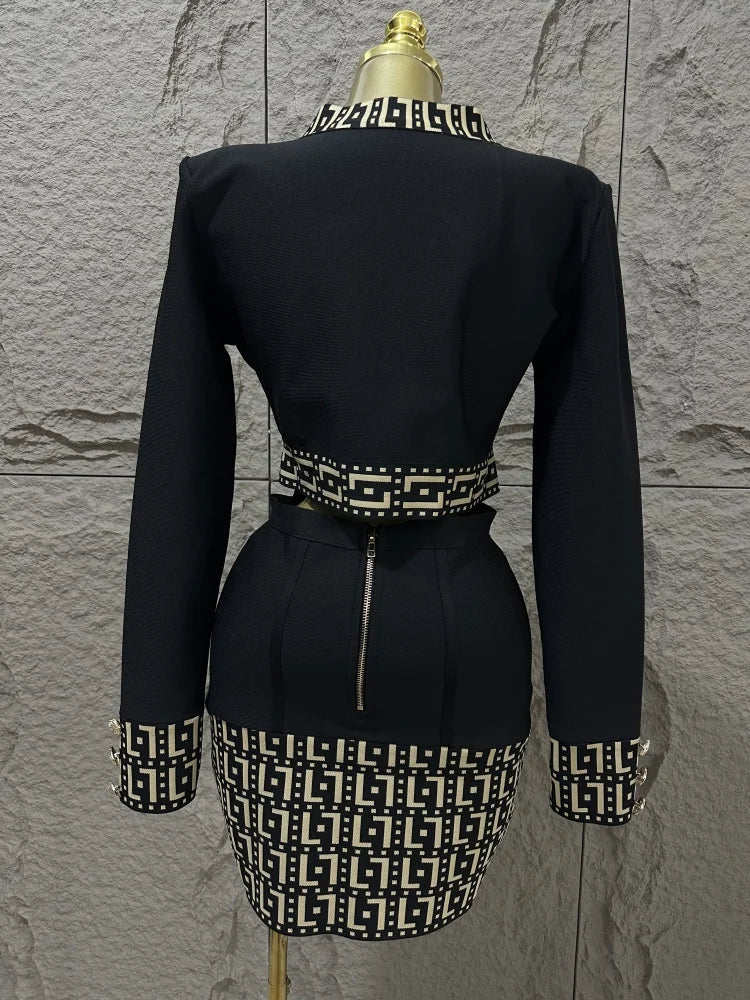 High quality women's new black fashionable long sleeved button jacquard top+high waist hip bag skirt two-piece bandage set